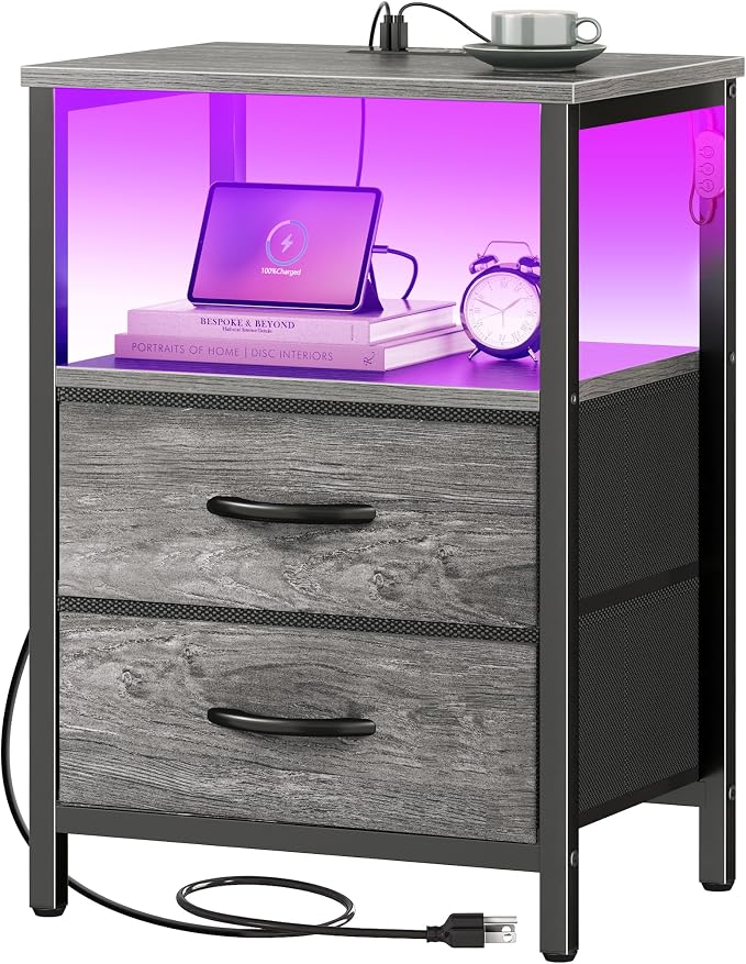 Huuger Night Stand with Charger Station and LED Lights, 2 Drawer Nightstand by Huuger