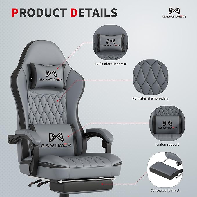 Gamtimer Gaming Chair with Footrest, Ergonomic Computer Chair, PU Breathable Material with Headrest and Lumbar Support, Suitable for Silla Gamer and Adults（Grey） - Image 4