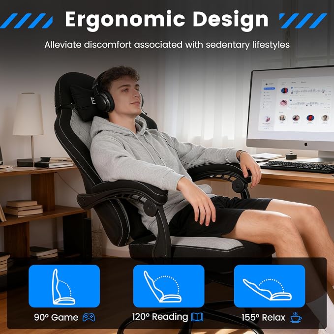 Gaming Chair, Ergonomic Computer Chair with Footrest and Lumbar Support, Height Adjustable Office Chair with 360° Swivel Seat and Headrest - Image 4