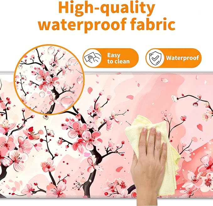 Pink Cherry Blossom Desk Mat, XL 31.5"x11.8" Large Mouse Pad, Cute Sakura Extended Gaming Mouse Mat,Non-Slip Rubber Base Waterproof with Stitched Edges for Gaming Office Home Decor - Image 4