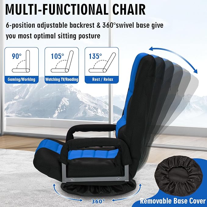 Swivel Floor Gaming Chair w/Armrests, Folding Video Reclining Sofa w/6 Adjustable Position, Padded Backrest & Cushion, Lazy Lounger Couch for E-Sports, Reading, Relaxing, Watching TV, Blue - Image 4
