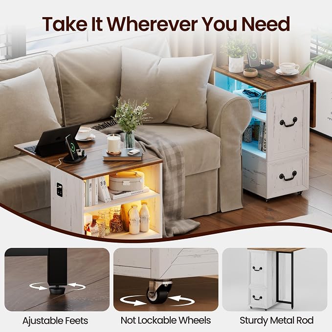 Dystler Rolling Side Table on Wheels, with Drawers & LED Lights Charging - Image 6