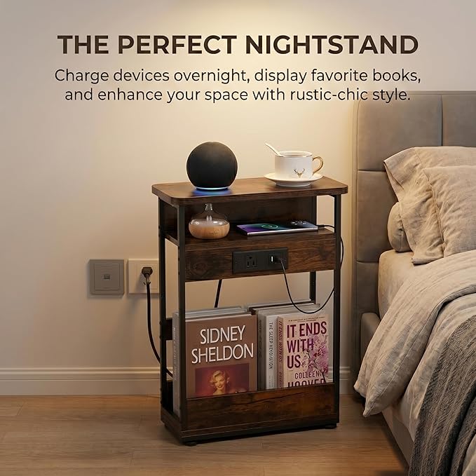 Narrow Side Table With Charging Station, 3-Tier End Table with 2 USB Ports & Power Outlets,Thin Sofa Side Table for Narrow and Small Spaces, Bedside Table Nightstand for Living Room,Rustic Brown - Image 5