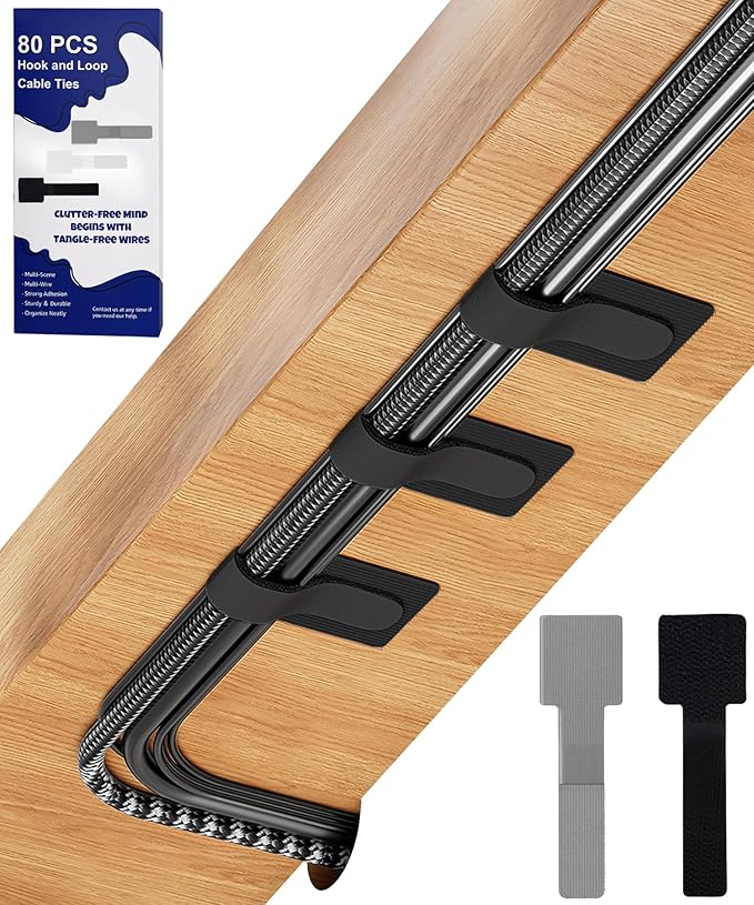 80PCS Hook and Loop Cable Ties, Under Desk Cable Management, Adhesive Cable Straps, Cord Management Hider Idea, Cord Organizer for Desk, Computer Accessories, Home Office Organization, Black+Gray by BTPIEL
