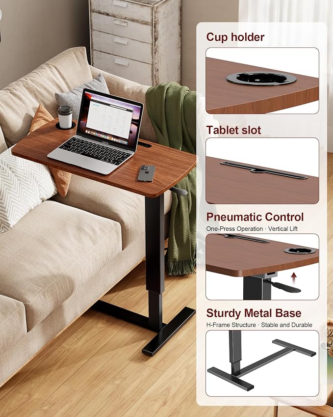 Foldable Overbed Table with Wheels, Pneumatic Adjustable Desk - Image 7
