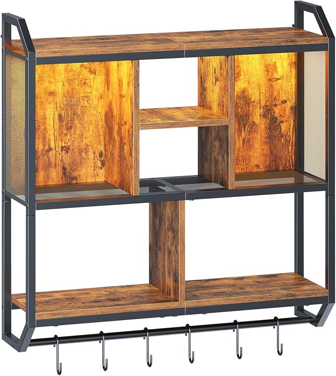 HOOBRO Gaming Floating Shelf with LED Lights, 28.7" LED Wall Mounted Shelf, 3-Tier Display Rack for Wall Storage, Floating Rack with Hanging Rod and 6 S-Hooks, Rustic Brown and Black BF70DBJ01 - Image 9