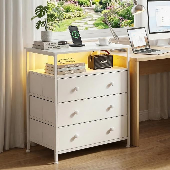 3-Drawer LED Nightstand with Charging Station, White - Image 8