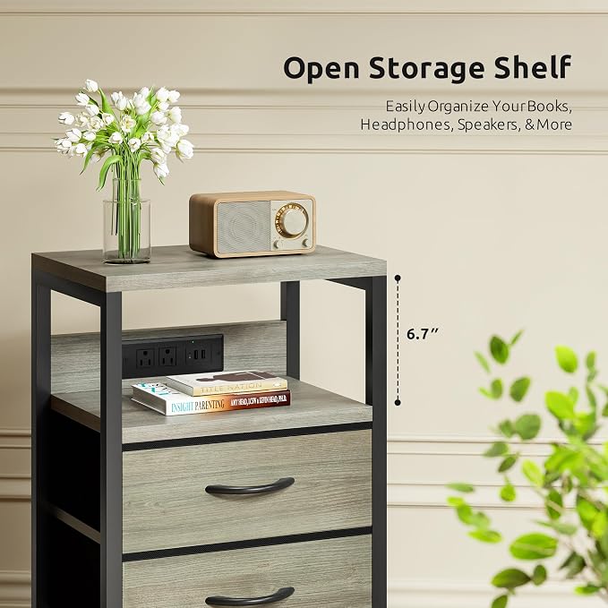 Lazzanto Night Stand with Charger Station, 4 Fabric Drawers, Grey - Image 6