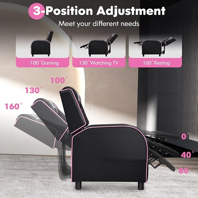 GYMAX Gaming Recliner, Massage Gaming Chair w/Adjustable Footrest, Remote Control & Side Pocket, Ergonomic Game Lounge Chair, Racing Style Single Theater Seat Game Sofa for Adults (Pink) - Image 5