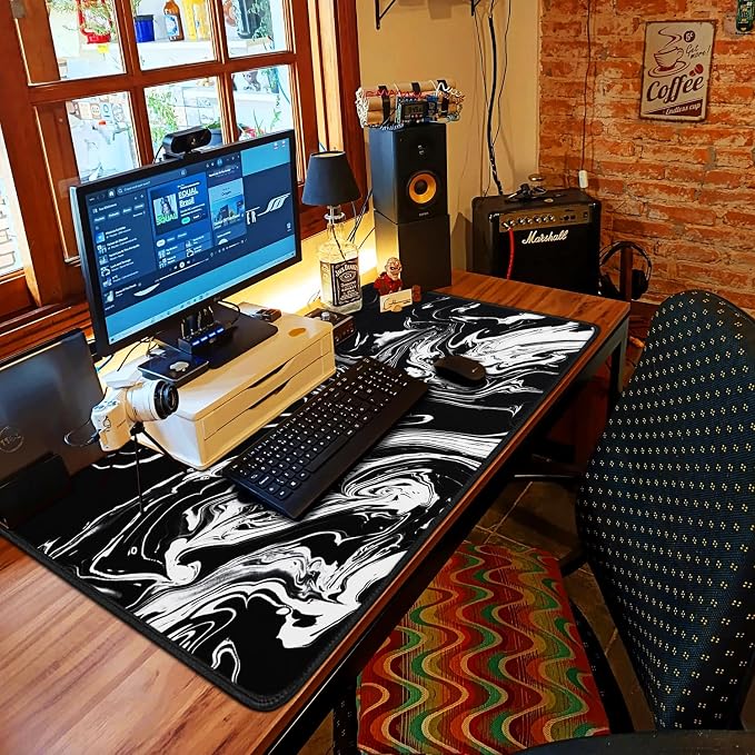 Large Extended Gaming Mouse Pad with Stitched Edges, 47.3 X 23.6 in Desk Pad Durable Non-Slip Natural Rubber Base, Waterproof Computer Keyboard Mat for Esports Pros, Gamer, Desktop, Black White - Image 7