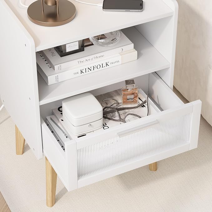 MMEOLUOOK Nightstand with Charging Station, Bedside Tables with Glass Decorative Door, End Table Side Table with 2 Tiers Storage Space, for Bedroom, Living Room, White CAMLBZ07WE - Image 7