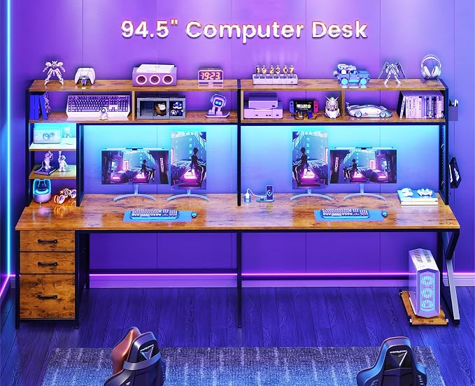 SEDETA L Shaped Computer Desk with Hutch, 3 Drawers, Shelves | Convertible 94.5" Home Office Desk with File Drawer, Power Outlet, LED Lights, Storage and Pegboard, Brown - Image 3