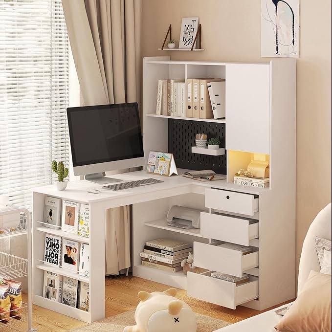 KEIKI L Shaped Home Office Desks with LED Light, Pegboard, Hutch, Drawers, Bookshelf & Storage Shelves, Modern Wooden Gaming Computer Corner Table for Work, Study, Writing - Image 3