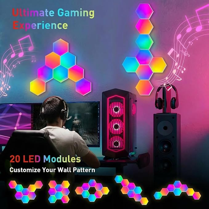 NIUCOO 20 Pack Hexagon LED Light Wall Panels – RGB Smart Gaming Light with App, Remote and Music Sync, Modular Gaming Wall Decor for Bedroom, Game and Living Room - Image 9