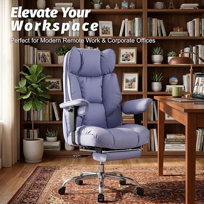 Efomao Executive Office Chair 400lbs,Purple Big and Tall Desk Chair | Mattress-grade pocket spring cushion, sleek leather, 135° recline & footrest for computer gaming setup. - Image 2