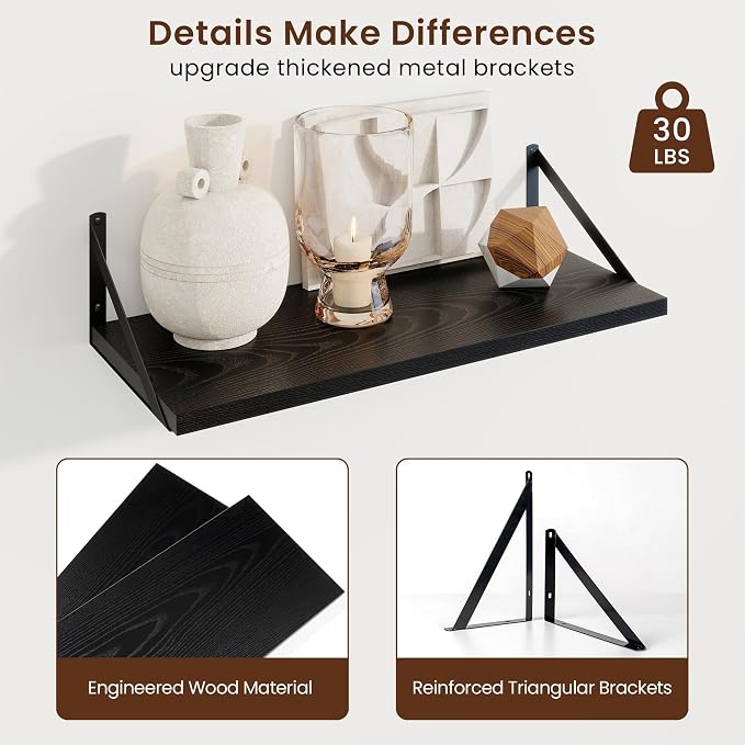 Axeman Deep Floating Shelves, 24'' x 10'' Black Wall Shelves Set of 2 - Image 5