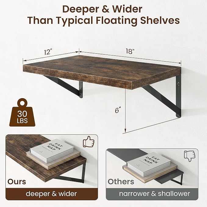 Axeman Deep Floating Shelves, 18'' x 12'' Brown Wall Shelves Set of 2 - Image 3