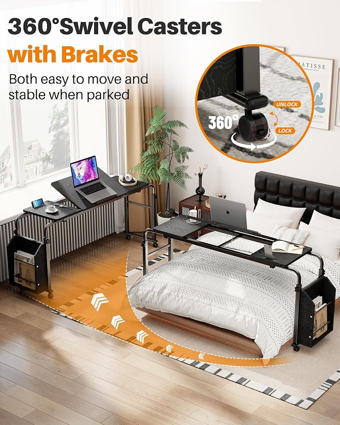 Laptop Desk for Bed,6-Angle Adjustable Overbed Table with Wheels,Adjustable Height and Length Bed Table for Laptop with Side Bookshelf,Standing Desk,Over Bed Desk for Working Hospital Home (Black) - Image 6