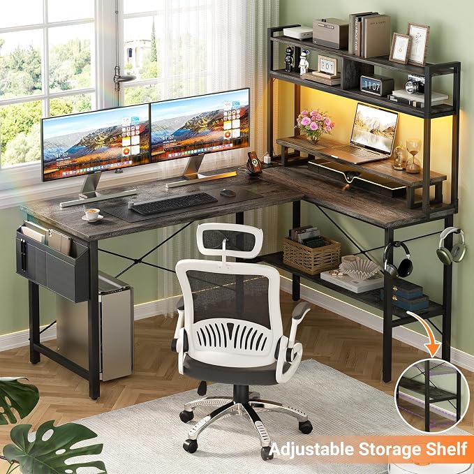 Aheaplus L Shaped Gaming Desk with Power Outlets & LED Lights, Black Oak - Image 5