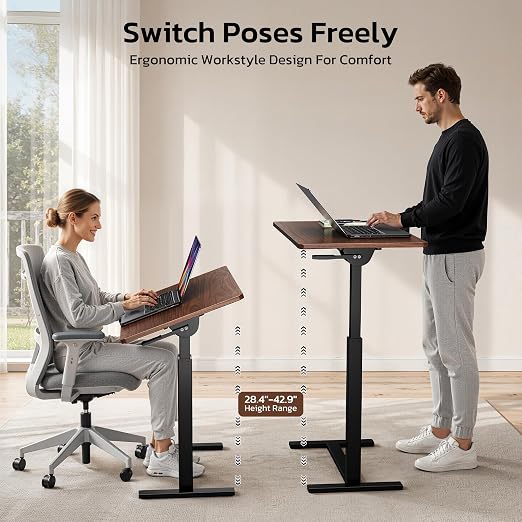 Mobile Standing Desk Adjustable Overbed Table, Pneumatic Height Adjustable Rolling Laptop Desk with Hidden Wheels, 0-180°Tilt Top Rolling Computer Cart Foldable for Home Office, Craft & Study, Brown - Image 5