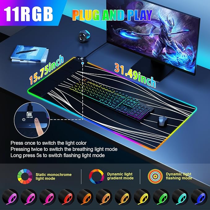 Mouse Pad with Phone Holder, Wireless Charging Desk Mat, RGB Gaming Mousepad Home Office Large Desk Pad with Ultra-Smooth Surface, Non-Slip Base, Waterproof Keyboard Pad,Wavy Black - Image 4