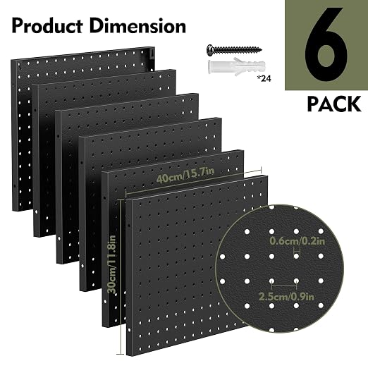 Peg Board 6 Pcs 15.7'' x 11.8'' Metal Pegboard Organizer Wall Control Peg Board Panels for Gaming Setup Garage Craft Room Office Kitchen, Black (No Accessories) - Image 6