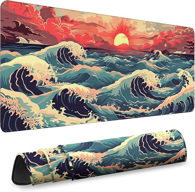 Gaming Desk Mat with Silky Smooth Surface & Exquisite Patterns,31.5x11.8 Inches Large-Sized Mouse Pad, Perfect for Extended Gaming,Work,and Home Office Decor (Japanese Waves 1) by Unknown