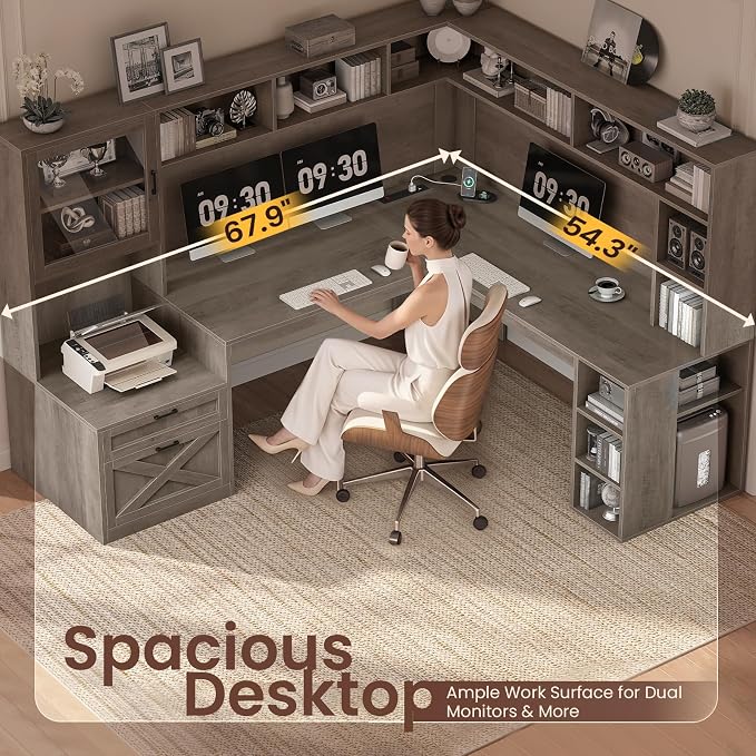 SEDETA 68" Farmhouse L Shaped Office Desk with Hutch, Storage Drawers - Image 5