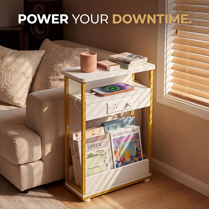 YEAKOO Narrow Side Table with Charging Station, 3-Tier End Table with 2 USB Ports & Power Outlets, Thin Sofa Side Table for Small Spaces, Bedside Table Nightstand for Living Room, White+Gold - Image 5