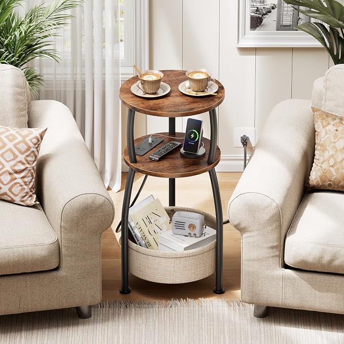 Side Table with Charging Station, Small Round End Table with Basket - Image 7
