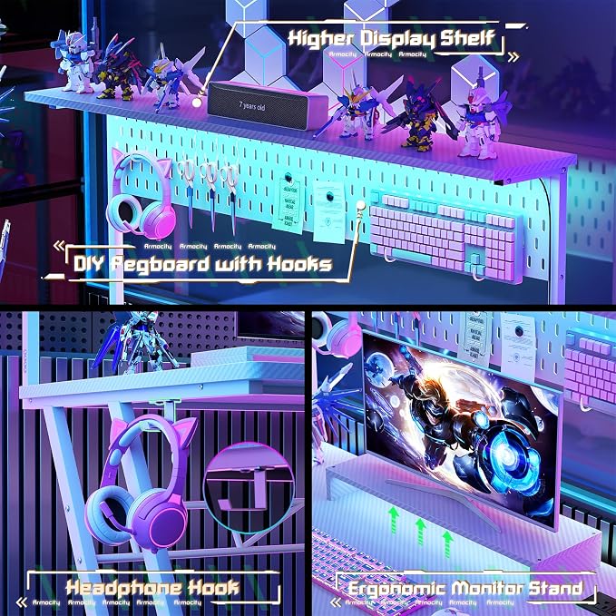 Armocity 53'' White Gaming Desk with Hutch and LED Lights, Gaming Computer Desk with Storage Shelves & Z-Shaped Legs, Reversible PC Game Desk with Pegboard for Bedroom, Carbon Fiber Surface - Image 5