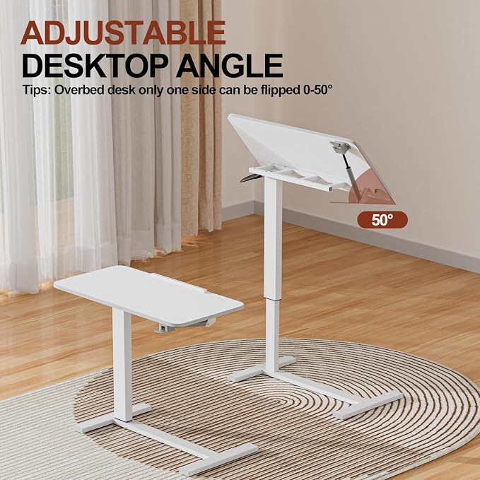 32" 0-50° Tiltable Pneumatic Adjustable Overbed Table with Wheels - Image 2