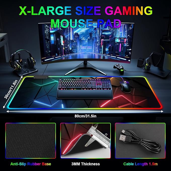 RGB Mouse Pad, Gaming Mousepad with 13 LED Light Modes | 31.5X11.8inch Large Mouse Mat, Gaming Mats for Desk with Non-Slip Rubber Base, Model-A - Image 4