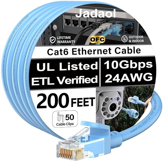 Jadaol [UL Listed Cat6 Ethernet Cable 200FT with Clips 10Gbps 24AWG, Blue by Jadaol