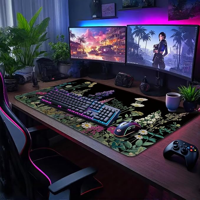 Wildflower Black Large Gaming Mouse Pad Desk Mat 31.5"x15.7" | Extended Mousepad, Non-Slip Rubber Base , Stitched Edges, for Computer/Laptop/Office/Home - Image 3