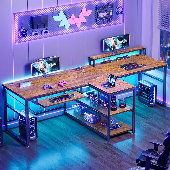 SEDETA 94.5" 2 Person Gaming Desk with Storage Shelf,LED Light,Rustic Brown by SEDETA