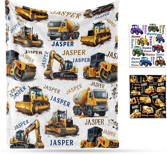 Ship Next Day, Personalized Truck Blanket - Printed in USA, Custom Name Blankets for Kids with Engineering Vehicle, Home Bedding Bed Decor, Fun Birthday Gift for Boys&Girls Women Man by Unknown
