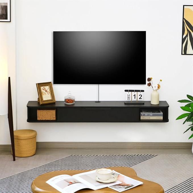 Floating TV Stand, 55" Wall Mounted TV Cabinet, Wood Media Console for TVs up to 65", Entertainment Center with Storage for Living Room, Under TVs Shelf for DVD Player, Black - Image 4