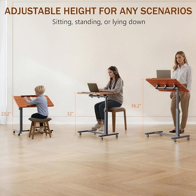 Laptop Table Mobile Adjustable Height Portable Desk Notebook Swivel PC Computer Rolling Desk with Wheels, Laptop Stand for Couch Bedside Hospital Bed Table(Red Walnut) - Image 6