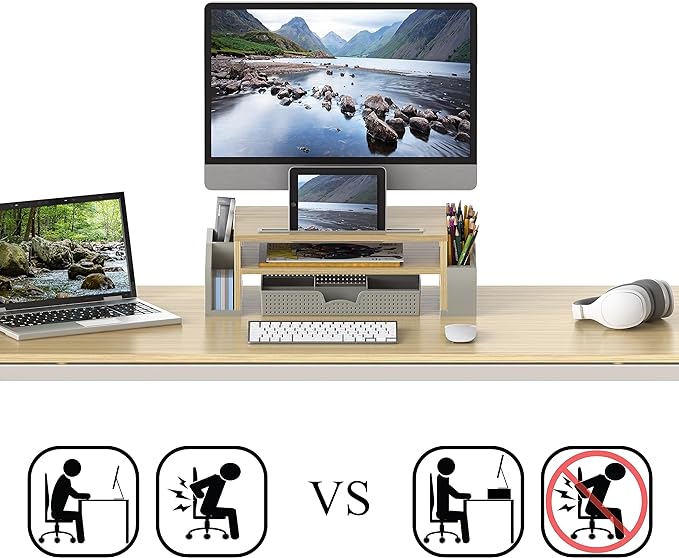 Simple Houseware Desk Monitor Stand Riser w/ Adjustable Tray, Oak | Built-In Tablet Slot and Side Storage - Image 3