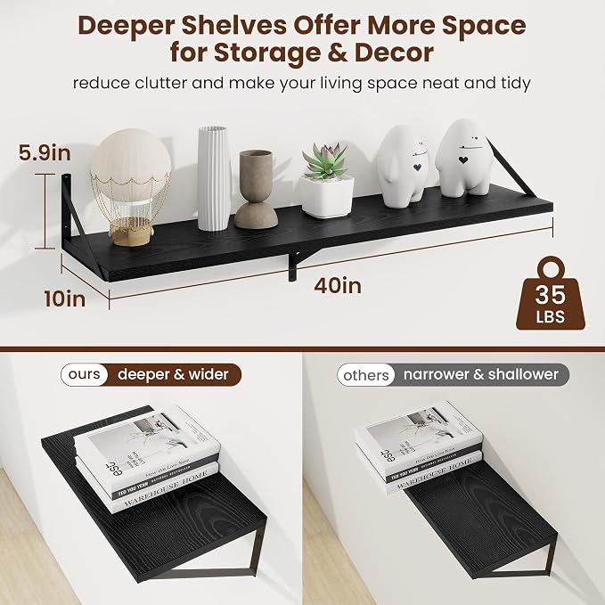 Axeman Deep Floating Shelves, 40'' x 10'' Black Wall Shelves Set of 2 - Image 3