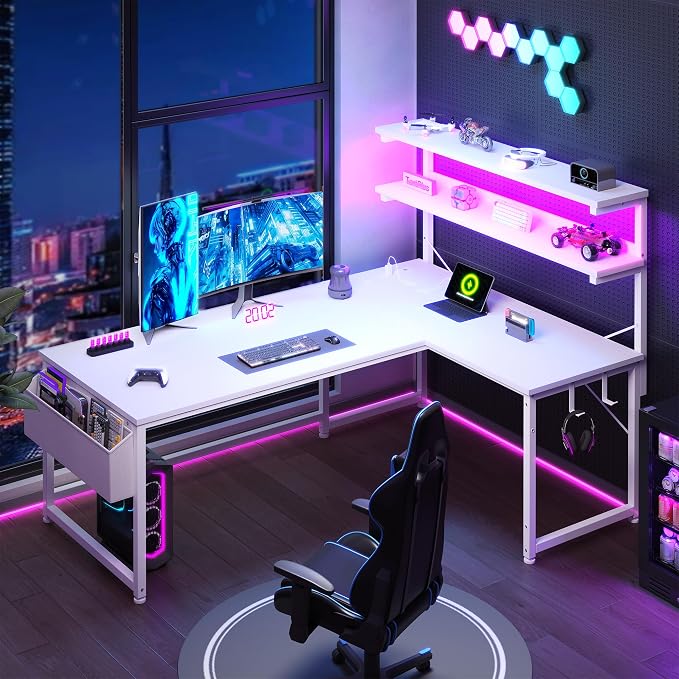 DurayLoly White L Shaped Desk with LED Light & 5 Power Outlet for Gaming - Image 9