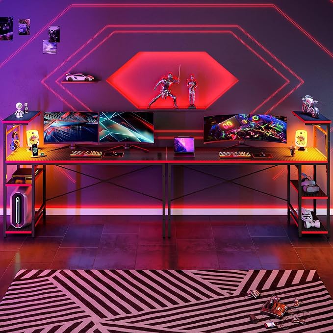 Bestier Gaming Desk with Shelves, 61 Inch Large PC Gaming Table with LED Lights, Led Gamer Desk with 4 Tiers Reversible Storage Shelves for Game & Bedroom Room (Black Grained) - Image 4