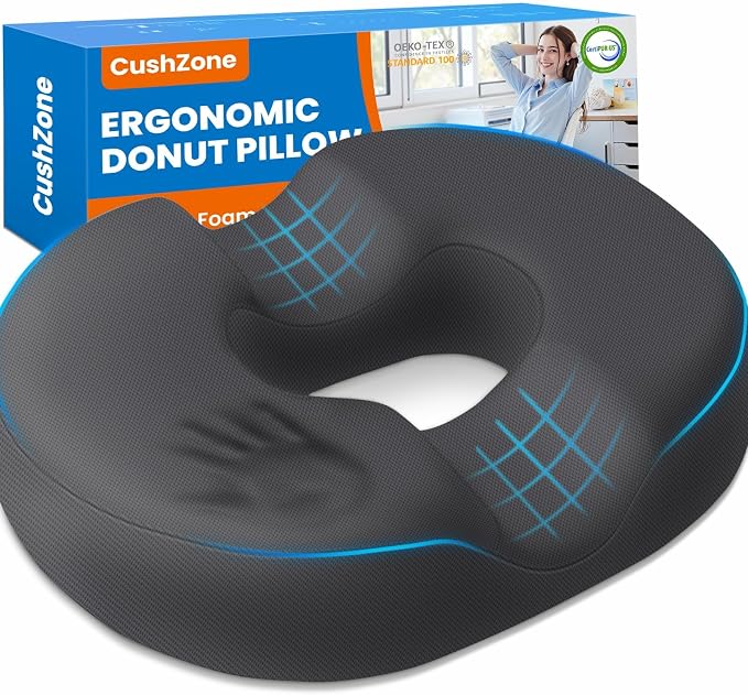 Donut Pillow Seat Cushion, Office Chair Cushion, Gray, XX-Large | Ergonomic Design, Breathable Cover, for Tailbone Pain, Hemorrhoids & Long Sitting Hours, for Home & Office by CushZone