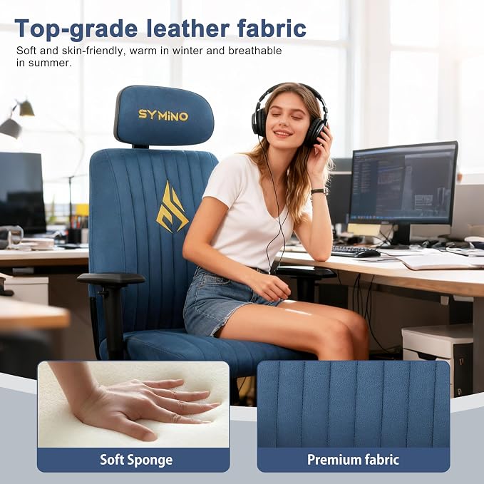 Symino Office Chair Ergonomic with 109° Rocking Function, Breathable Suede Fabric, Integrated Lumbar Support, Adjustable Headrest & Armrests, Swivel Desk Chair - Image 5