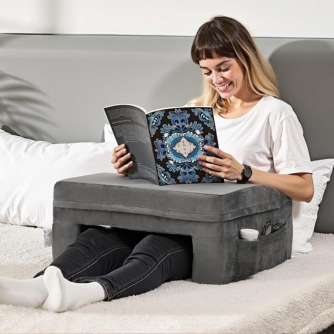 VEVOR Reading Pillow for Gaming, Extra Large Lap Desk Pillow with Pockets and Cup Holder, Laptop Pillow with Memory Foam Bed Rest, Bed Pillow for Sitting Up for Gaming, Reading, Resting, Working, Grey - Image 8