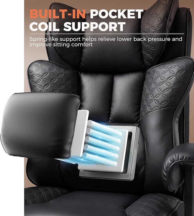 GTPLAYER Big and Tall Office Chair Wide Ergonomic Gaming Chair with Deluxe Embossing Designed Leather with Foot Rest,150°Reclining Adjustable Soft Armrests Pocket Spring Back Support and Pillow - Image 4