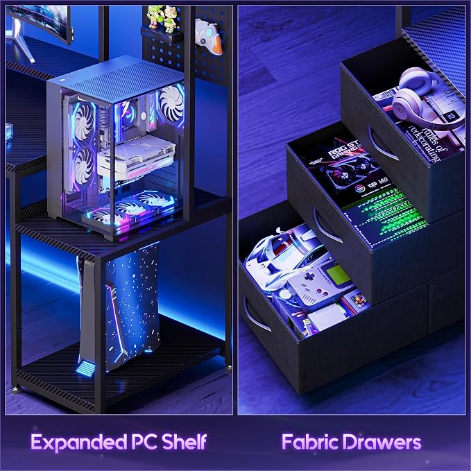 AODK 76 Inch Gaming Desk with Storage Shelves, LED Lights, 3 Drawers | PC Desk with Hutch & Pegboard & Large Desktop, Reversible Computer Desk for Home Office, Carbon Fiber Black - Image 5