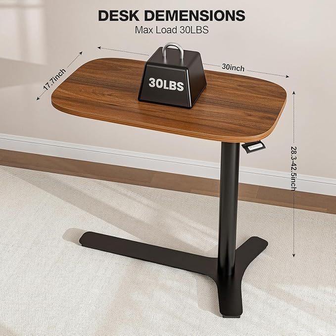 Muvai Overbed Bedside Table with Hidden Casters,30 Inches Adjustable Height Pneumatic Mobile Laptop Standing Desk, Rolling Computer Table for Home & Hospital Use ，Black Walnut 30" W x 17.7" D - Image 3