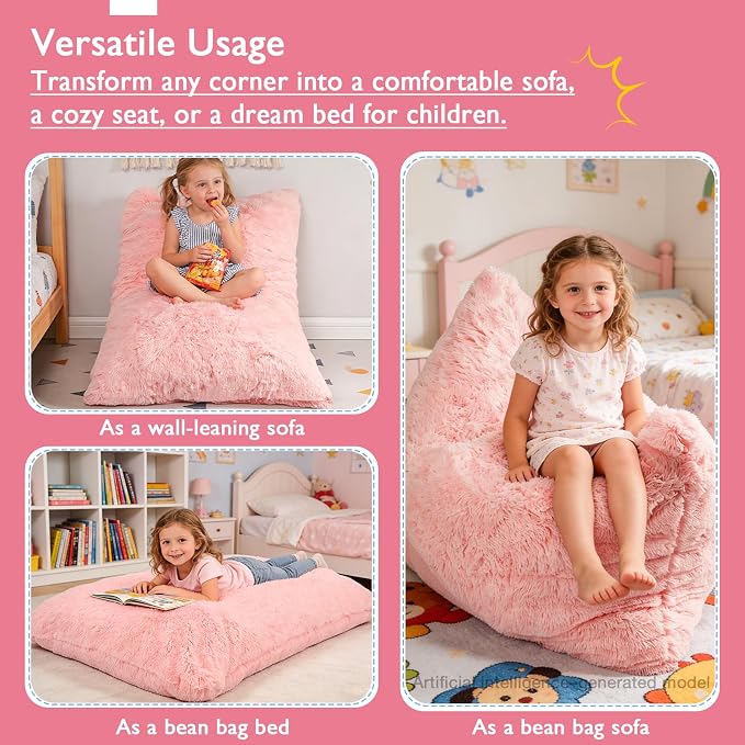 3 in 1 Kids Bean Bag Chair Bed, Kids Fluffy Stuffed Floor Pillow for Gaming and Reading, Ultra Soft Faux Fur Fabric Bean Bag Chairs to Lounger for Playroom, Living Room, Bedroom, Pink - Image 5